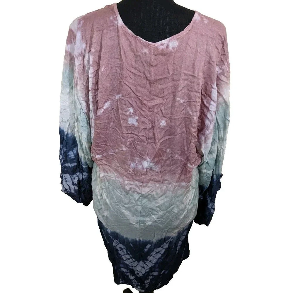 RAVIYA Swim Cover Up Tie Dye Empire Drawstring Waist Tunic Deep V-Neck  0X